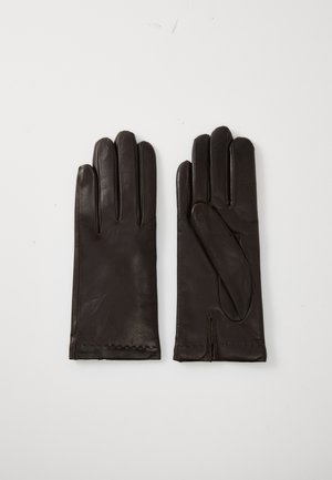 Et par mørkebrune læderhandsker lagt fladt på en hvid overflade, der viser for- og bagside med syninger.