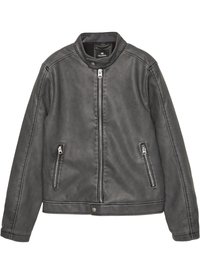 Giacca in similpelle grigio scuro con zip frontale, colletto a scatto e due tasche laterali con zip, posata su uno sfondo bianco.