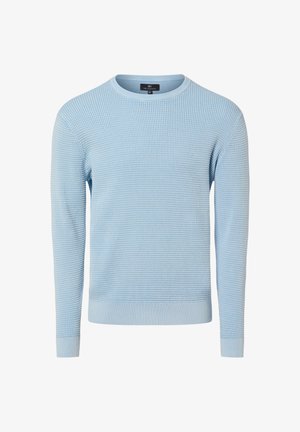Pull en coton bleu clair avec un motif gaufré texturé, col rond, et poignets et ourlet côtelés. Manches longues ; aucun logo ou accent visible.