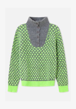 Pull tricot gris et vert néon avec col montant côtelé, cinq boutons sur le devant, corps à motifs, et poignets et ourlet vert néon.