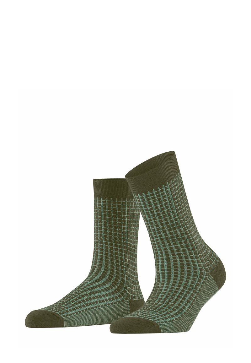 Calze verde oliva con un motivo a griglia in blu chiaro. Fascette a coste e punta rinforzata. Il materiale sembra morbido con una texture liscia.