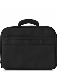 Czarna torba na laptopa wykonana z wytrzymałej tkaniny, z górnym uchwytem i przednią kieszenią na zamek do przechowywania. Gładka tekstura z wzmocnionymi szwami.