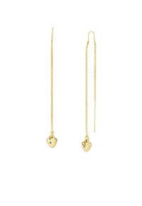 Pendientes chapados en oro con un diseño de cadena, que presentan dos pequeñas formas de corazón en los extremos, cada una con un pequeño acento de gema.