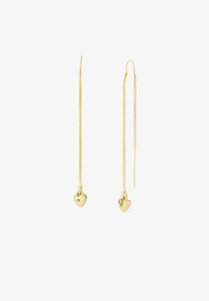 Pendientes chapados en oro con un diseño de cadena, que presentan dos pequeñas formas de corazón en los extremos, cada una con un pequeño acento de gema.