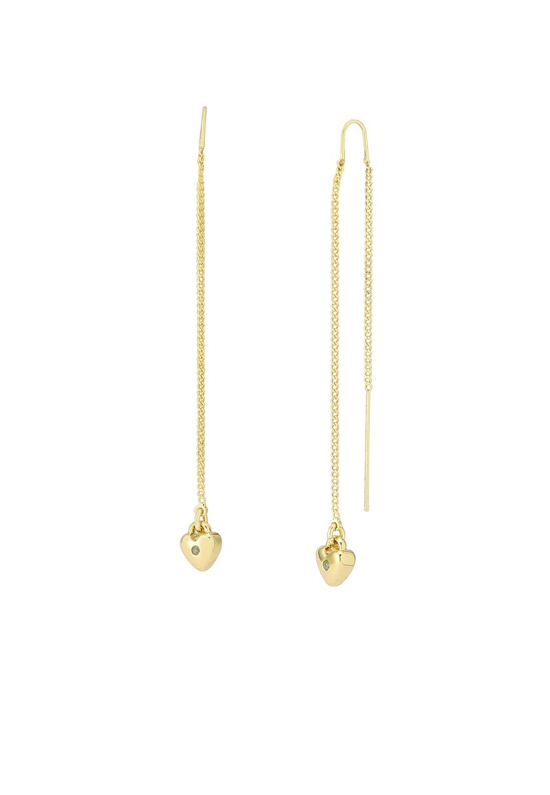 Pendientes chapados en oro con un diseño de cadena, que presentan dos pequeñas formas de corazón en los extremos, cada una con un pequeño acento de gema.