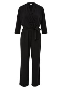 Czarny kombinezon z zapięciem w stylu kopertowym, długimi rękawami i związanym w pasie. Wykonany z miękkiej tkaniny, z szerokimi nogawkami bez wzorów.