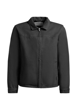 Schwarze Jacke mit einem durchgehenden Reißverschluss, Kragen, langen Ärmeln und sichtbaren Nähten, dargestellt vor einem weißen Hintergrund.