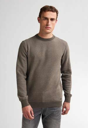 Young man standing, wearing a textured olive-green long-sleeve sweater and gray jeans, neutral background.