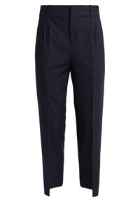 Granatowe spodnie o prostym kroju, z wysokim stanem, fałdami z przodu oraz gładką fakturą materiału. Bez widocznych kieszeni ani ozdób.