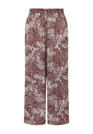 Pantaloni a gamba larga con elastico in vita, caratterizzati da un fitto motivo floreale e foglie color bordeaux e bianco su tutta la superficie.