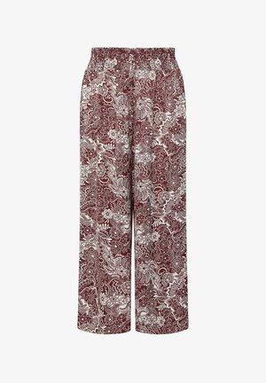 Pantalones de pierna ancha con cintura elástica, con un patrón denso de flores y hojas en tonos burdeos y blanco por todo el tejido.