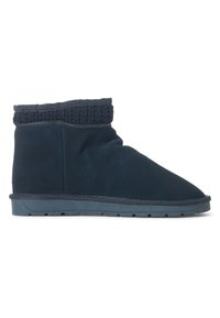 Botas tobilleras azul marino hechas de material suave, con un puño de punto, una textura lisa y una suela de goma con un patrón antideslizante.
