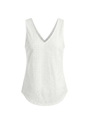Top alb fără mâneci cu decolteu în V, cu model discret de găurele și tiv ondulat, afișat pe fundal alb.