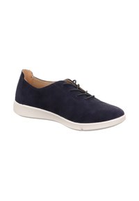Navy-blaue Wildleder-Schnürschuhe mit einer weißen Gummisohle, abgerundetem Zehenbereich und glatter Textur, die über minimale Nähte und ein sauberes Design verfügen.