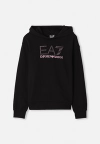 Fekete kapucnis pulóver elöl strasszkövekből készült grafikával, amelyen az "EA7 EMPORIO ARMANI" felirat szerepel. Kangouruk zsebe van és bordázott mandzsettái.
