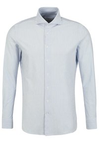 Camicia a maniche lunghe a righe blu e bianche realizzata in cotone, con colletto classico, chiusura frontale con bottoni e polsini con bottoni, dotata di un orlo curvo.