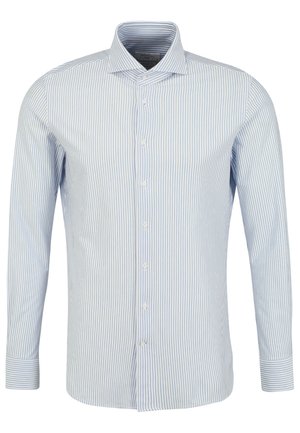 Gestreifte Longsleeve-Bluse in Blau und Weiß aus Baumwolle, mit klassischem Kragen, Knopfleiste und geknöpften Manschetten sowie einem abgerundeten Saum.