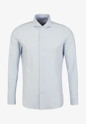 Camicia a maniche lunghe a righe blu e bianche realizzata in cotone, con colletto classico, chiusura frontale con bottoni e polsini con bottoni, dotata di un orlo curvo.