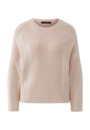 Pull en maille côtelée rose pâle et blanche avec détails en maille torsadée, col rond et manches longues.
