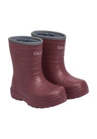 Mörkröda gummistövlar med grå innerfoder, med en strukturerad yta, förstärkt tå och spårad sula för bättre grepp. Varumärkeslogotyp på sidan.