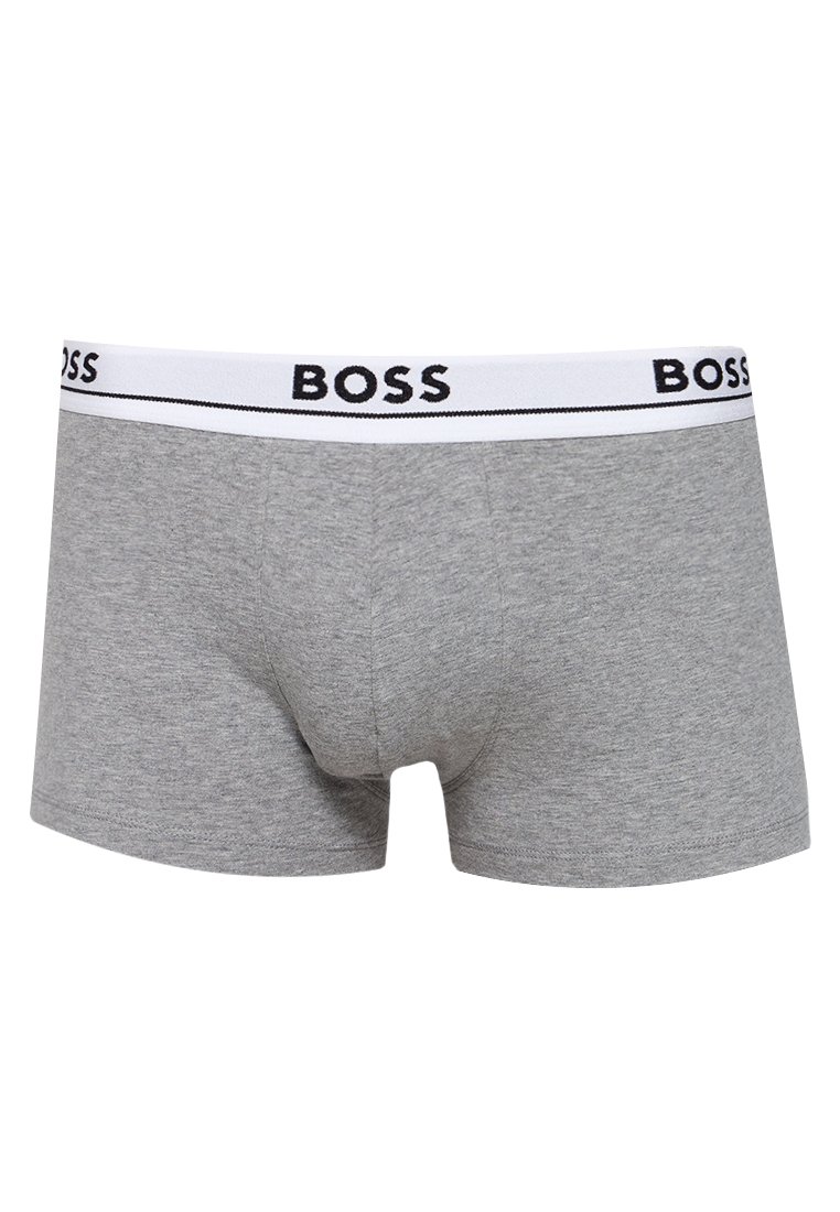 Boxer-briefs gris en coton, avec une taille élastique blanche portant l'inscription "BOSS" en lettres noires. Texture lisse, coupe classique.