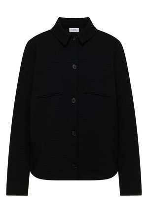 Veste noire à manches longues avec boutons sur le devant, col et deux poches poitrine, tissu texturé, étiquette "CECIL" à l'intérieur du col.