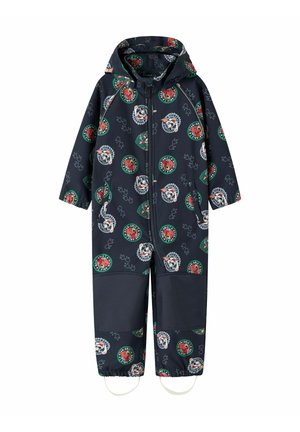 Combinaison à capuche bleu marine pour enfants avec motifs d’animaux et de logos circulaires, fermeture éclair frontale, poignets élastiques et genoux renforcés.
