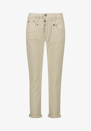 Pantalon en velours côtelé beige coupe droite, avec fermeture bouton et fermeture éclair, cinq poches et revers roulés. Texture côtelée verticale.