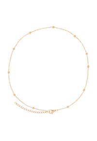 Gouden ketting met kleine ronde kralen die gelijkmatig over de lengte zijn verdeeld, met een sluiting en een verstelbare kettingverlenging.