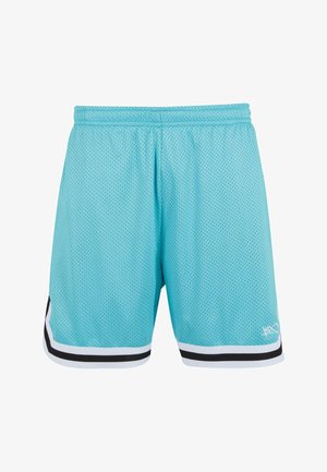 Világoskék hálós sportnadrág fekete és fehér oldalsávokkal, rugalmas derékpánttal és lélegző textúrával a kényelmes fizikai aktivitás érdekében.