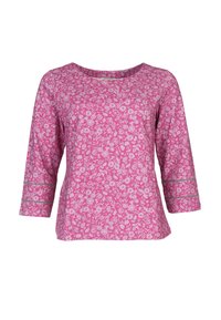 Pink floral print top with three-quarter sleeves, round neckline, and decorative stitching along sleeve edges. Made of soft fabric.