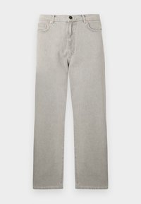 Light grey denim jeans with a straight cut, five pockets, and a top button closure. Features subtle fading and orange stitching accents.