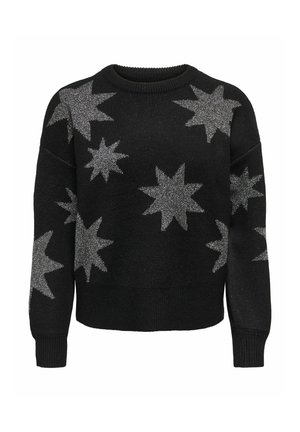 Pull en maille noir avec un col rond, orné de grands motifs d'étoiles en argent. Le design présente une finition légèrement texturée et des poignets côtelés.