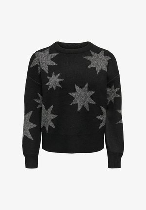 Black knit sweater with a round neckline, featuring large silver star patterns. The design includes a slightly textured finish and ribbed cuffs.