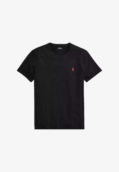 T-shirt nera a maniche corte con collo rotondo e piccolo logo rosso del cavallo Polo Ralph Lauren sul petto sinistro.