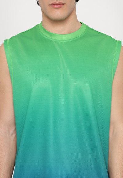 Sleeveless athletic shirt in gradient green, transitioning from bright green at the top to teal at the bottom. Fabric appears lightweight and smooth.