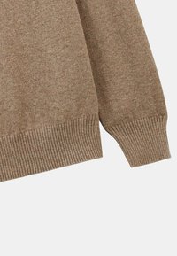 Pull en tricot brun avec un ourlet côtelé, offrant une texture douce et une coupe décontractée. Le tissu présente un léger motif chiné.