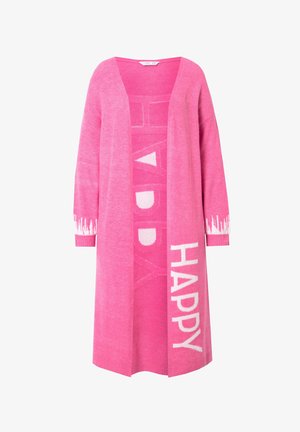 Cardigan lavorato a maglia rosa con apertura frontale, decorato con la parola "HAPPY" in bianco e motivi geometrici sulla schiena e sulle maniche.