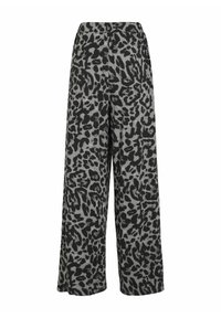 Široke hlače sa sivim uzorkom leoparda, izrađene od mekog materijala s glatkom teksturom i elastičnom gumom u struku.