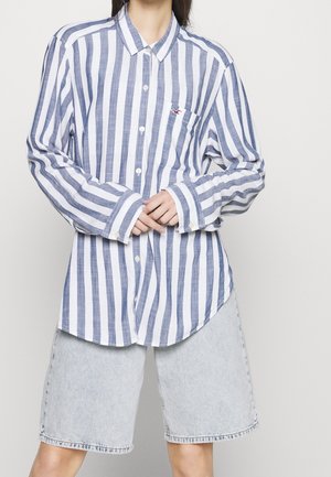 Person wearing a blue and white vertical striped button-up shirt with a chest pocket and light-wash denim knee-length shorts.