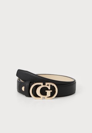 Black leather belt with a textured finish, featuring a gold-tone double “G” buckle as the focal detail. Smooth inner lining.