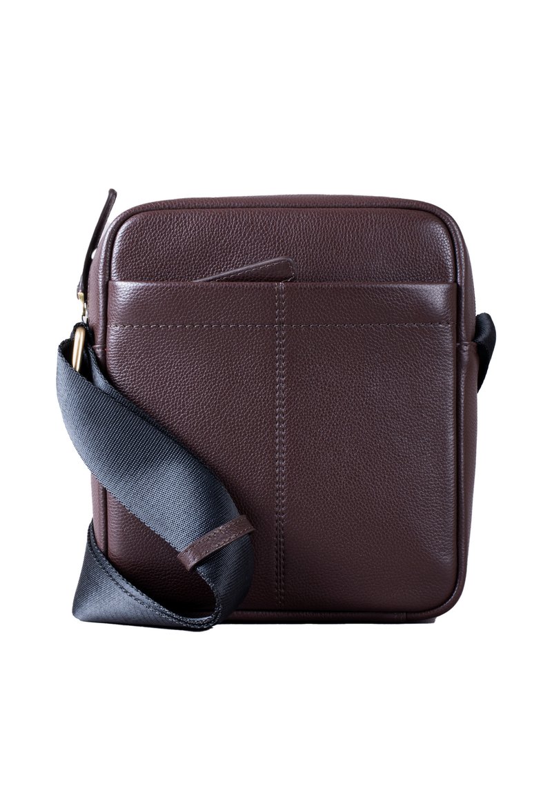 Brown leather crossbody bag with a textured finish, featuring a front pocket, a black adjustable strap, and clean, minimalist design.