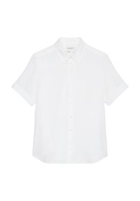 Camicia bianca a maniche corte realizzata in lino leggero, con colletto a punta, chiusura con bottoni frontale e orlo leggermente curvo.