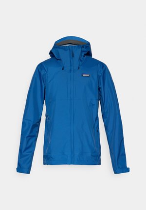 Sinine kapuutsiga veekindel jakk, ees lukuga, reguleeritavad mansetid, lukuga küljetaskud ja Patagonia logo rinnal.