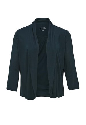 Black, lightweight cardigan with a draped front, three-quarter sleeves, and soft, smooth texture; designed for layering over tops.
