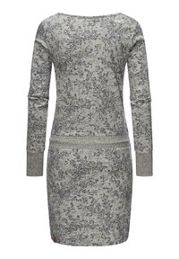 Robe grise à manches longues avec un subtil motif floral sombre, taille cintrée et poignets côtelés, vue de dos.