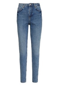 Höga blå denimjeans med rak bendesign, med en klassisk femficklayout och subtila blekningar på tyget.