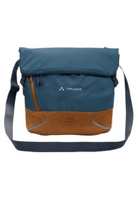 Borsa a tracolla blu e marrone con tracolla regolabile, tasca anteriore con zip, tessuto testurizzato e dettagli riflettenti sul lato inferiore.