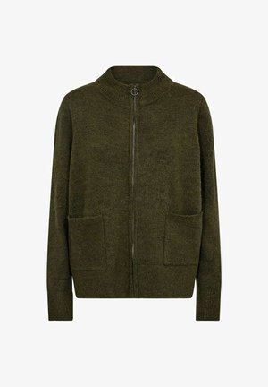 Olívazöld kötött kardigán magas gallérral, elülső cipzárral és két elülső zsebbel. Bordás mandzsettákkal és puha, texturált anyaggal készült.
