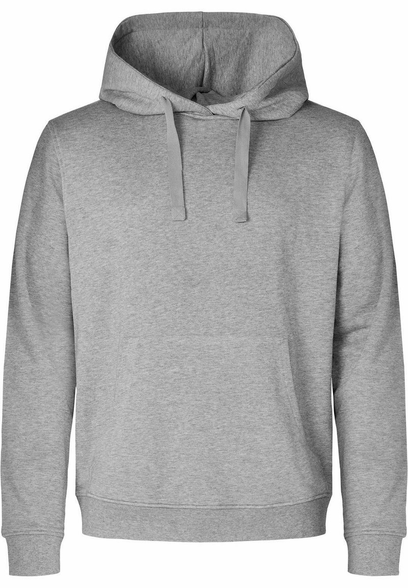 Sweat à capuche gris à manches longues avec poche kangourou à l'avant et cordons, fabriqué en tissu mélangé coton.